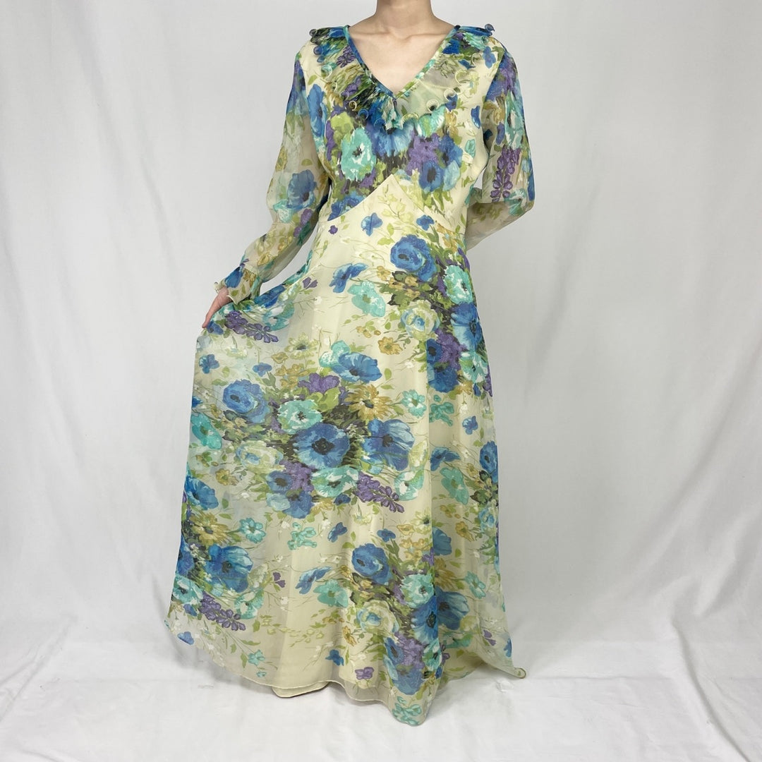 70'S Floral V-neck Maxi-length Long-sleeve Flare Dress Women's L Vintage /eaa360534