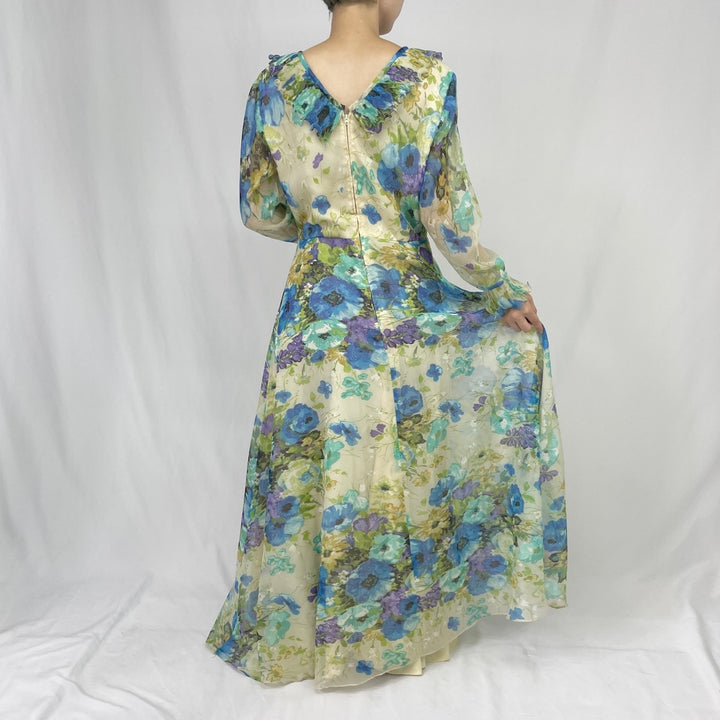 70'S Floral V-neck Maxi-length Long-sleeve Flare Dress Women's L Vintage /eaa360534