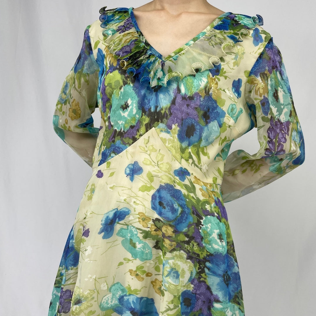 70'S Floral V-neck Maxi-length Long-sleeve Flare Dress Women's L Vintage /eaa360534