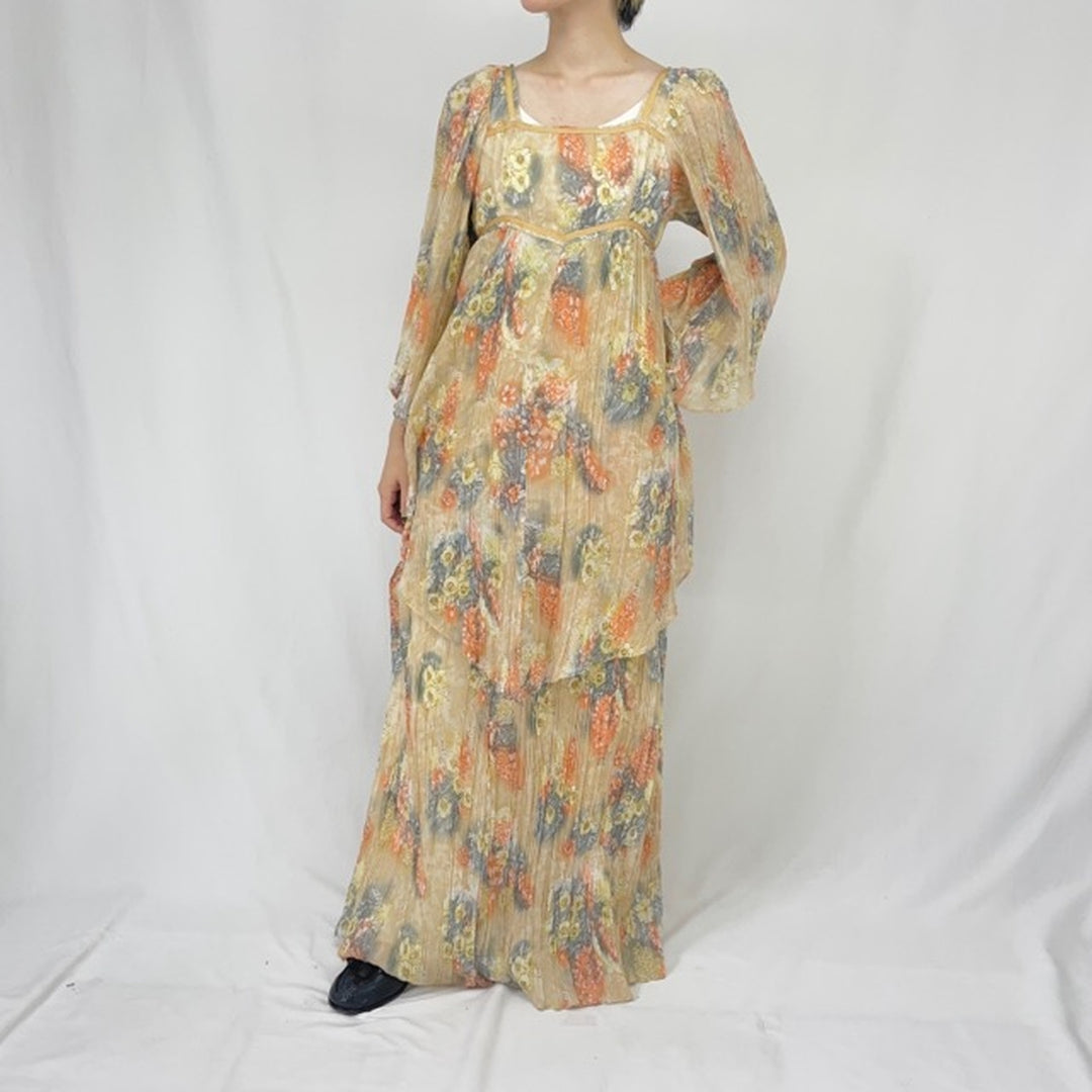 Vintage 70'S floral print maxi long sleeve flared dress made in USA women's size M /eaa360535