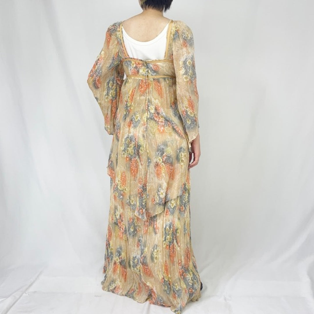 Vintage 70'S floral print maxi long sleeve flared dress made in USA women's size M /eaa360535