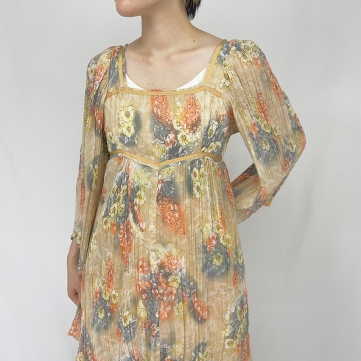 Vintage 70'S floral print maxi long sleeve flared dress made in USA women's size M /eaa360535