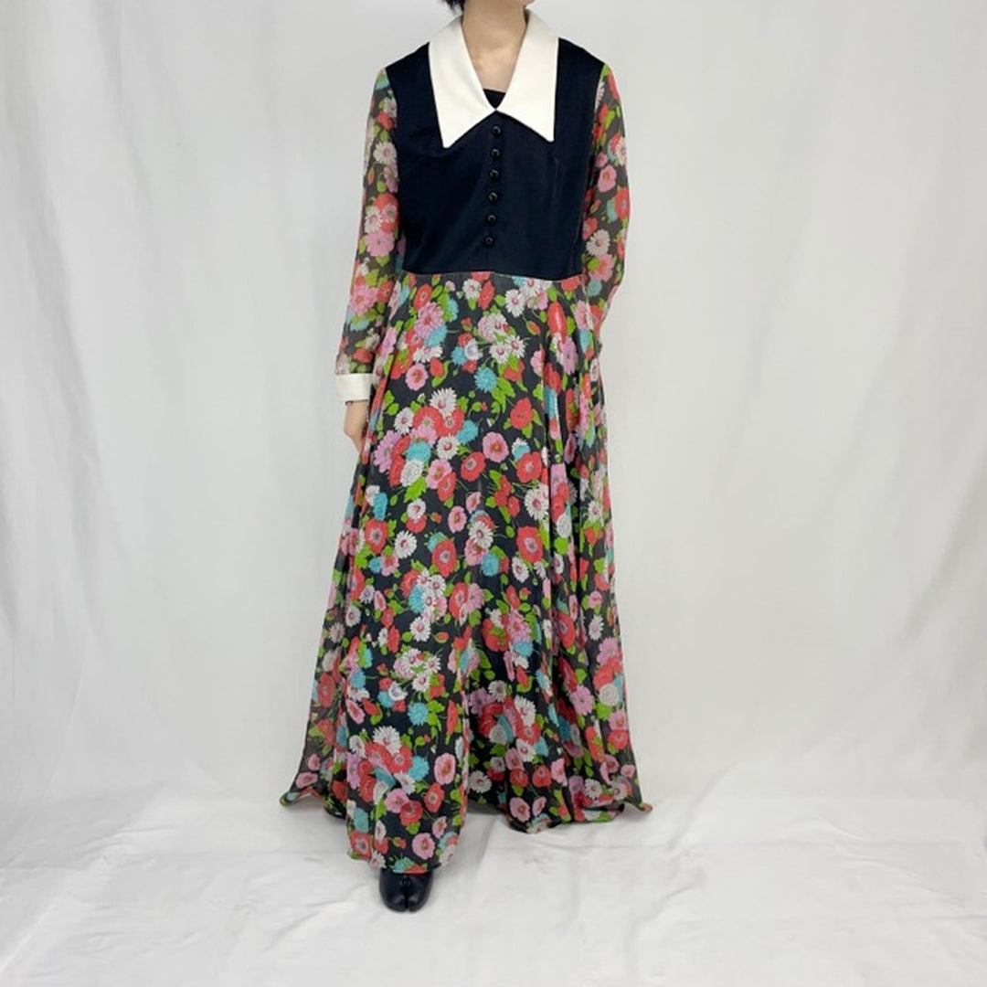 60s~70'S UNKNOWN Floral Print Maxi Length Long Sleeve Flare Dress Women's L Vintage /eaa371801