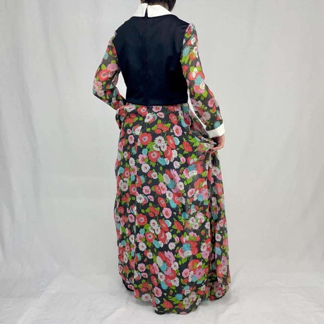 60s~70'S UNKNOWN Floral Print Maxi Length Long Sleeve Flare Dress Women's L Vintage /eaa371801