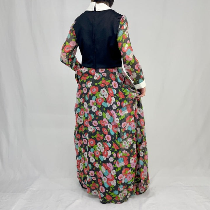 60s~70'S UNKNOWN Floral Print Maxi Length Long Sleeve Flare Dress Women's L Vintage /eaa371801