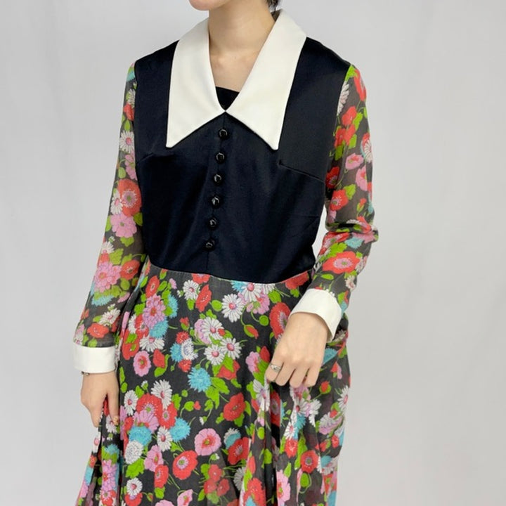 60s~70'S UNKNOWN Floral Print Maxi Length Long Sleeve Flare Dress Women's L Vintage /eaa371801