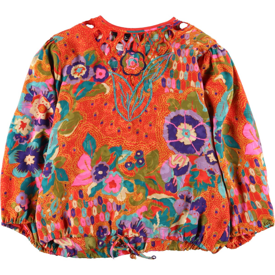 70'S all-over print silk 3/4 sleeve top women's M vintage /eaa371808