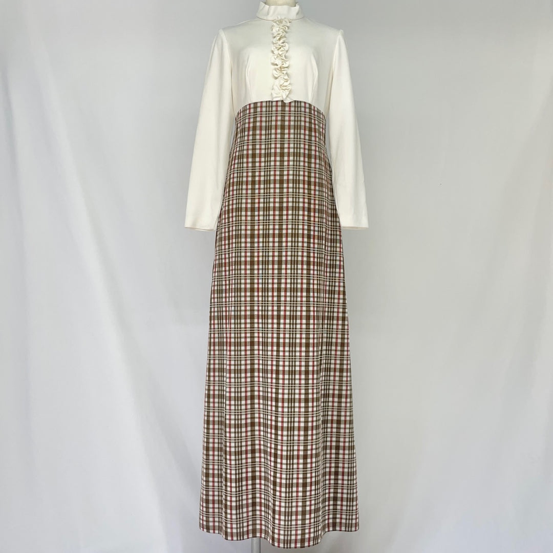 70'S UNKNOWN Check Pattern Maxi Length Long Sleeve Dress Women's M Vintage /eaa375399