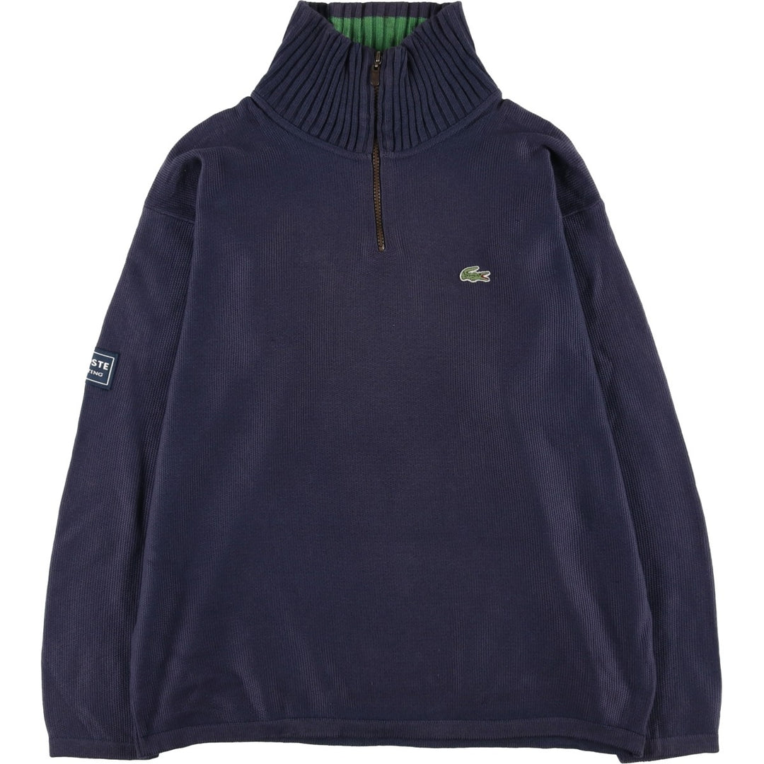 1990'S Lacoste Cotton Knit Half-Zip Sweater, Made in Spain, Size 5 (Men's Large equivalent), Vintage cotton navy blue type Vintage Second Hand