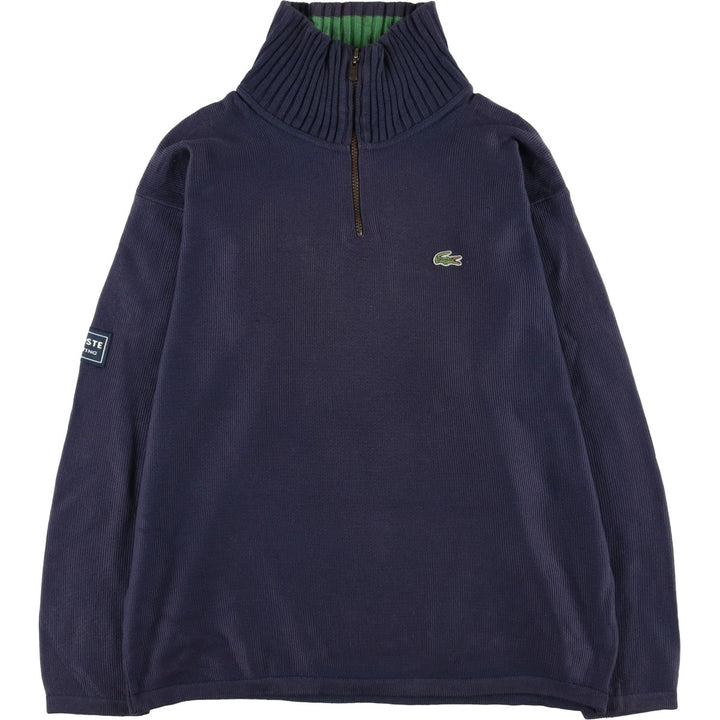 1990'S Lacoste Cotton Knit Half-Zip Sweater, Made in Spain, Size 5 (Men's Large equivalent), Vintage cotton navy blue type Vintage Second Hand