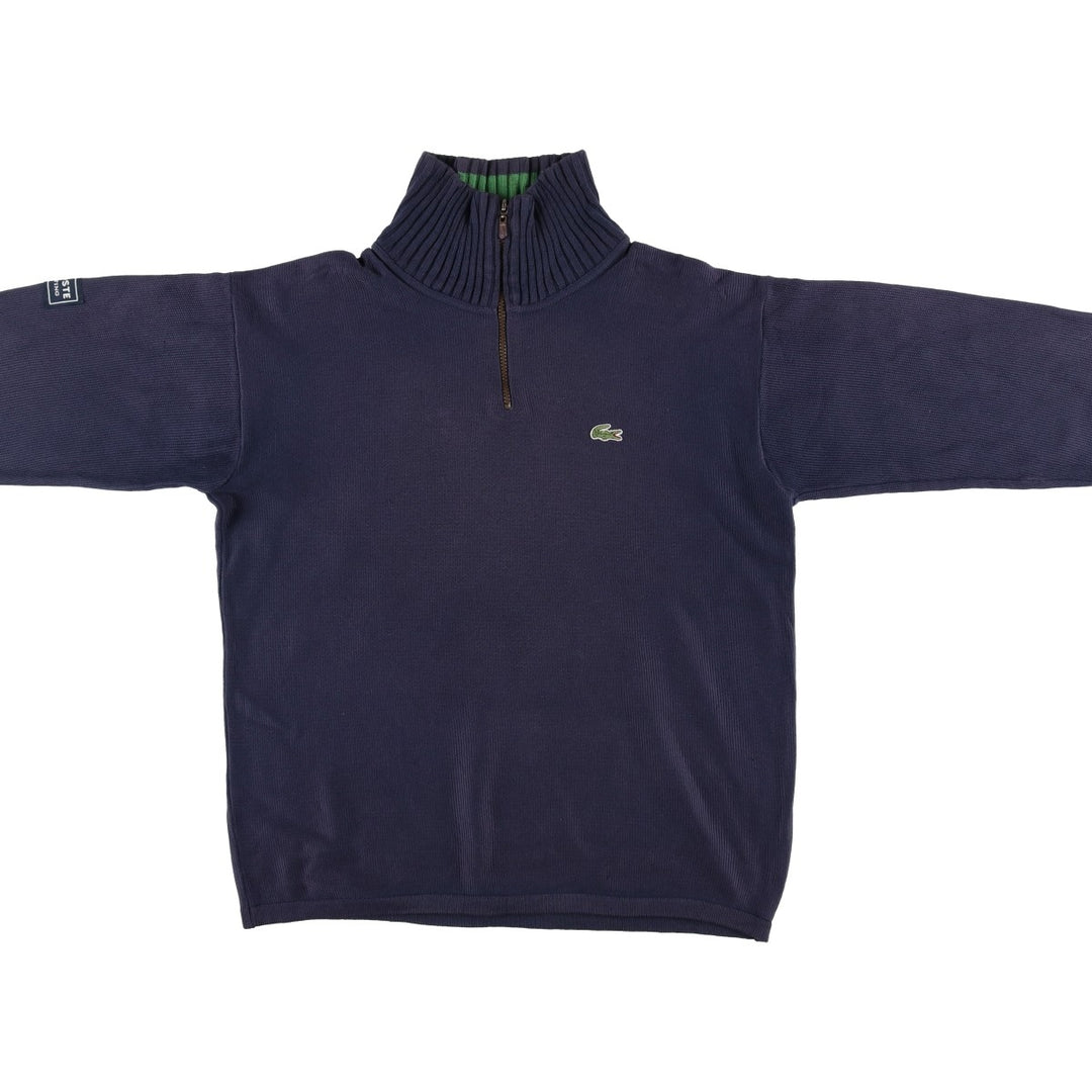 1990'S Lacoste Cotton Knit Half-Zip Sweater, Made in Spain, Size 5 (Men's Large equivalent), Vintage cotton navy blue type Vintage Second Hand
