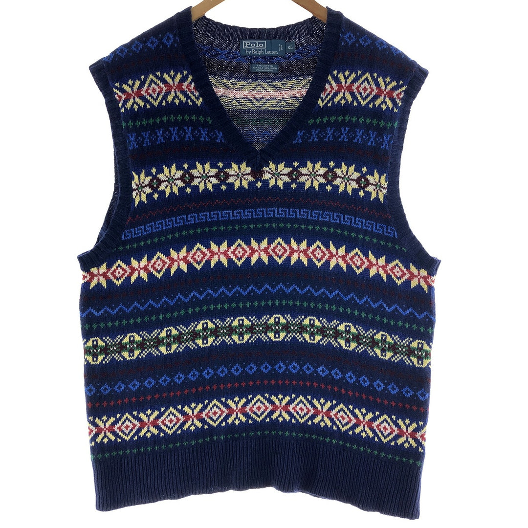 POLO by Ralph Lauren Fair Isle Pattern Cashmere Blend V-Neck Silk x Cotton Knit Vest Men's XL cotton navy blue type Vintage Second Hand