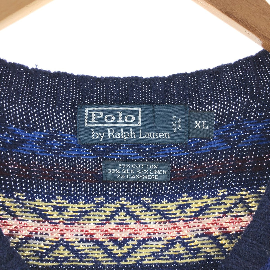 POLO by Ralph Lauren Fair Isle Pattern Cashmere Blend V-Neck Silk x Cotton Knit Vest Men's XL cotton navy blue type Vintage Second Hand