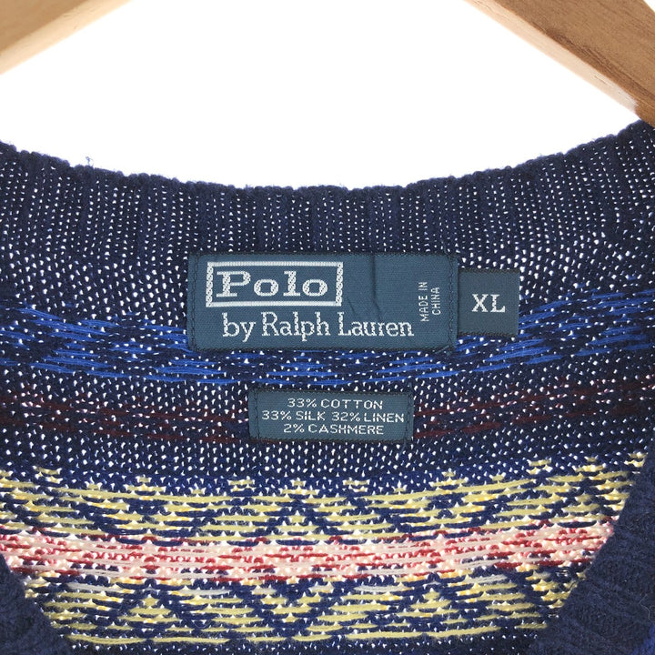 POLO by Ralph Lauren Fair Isle Pattern Cashmere Blend V-Neck Silk x Cotton Knit Vest Men's XL cotton navy blue type Vintage Second Hand