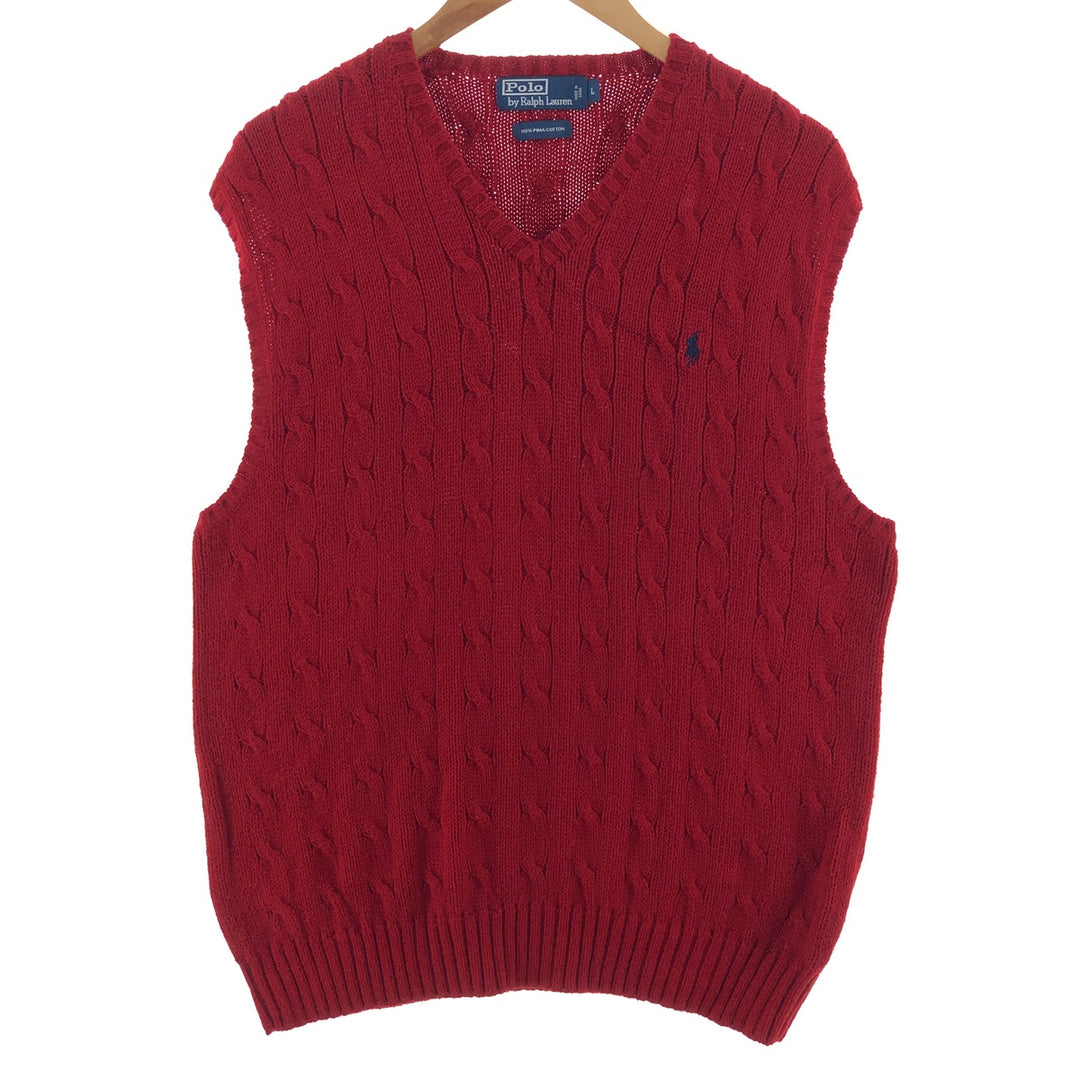Ralph Lauren POLO by Ralph Lauren cable knit V-neck Pima cotton knit vest, men's size L Pima Cotton red type Vintage Second Hand