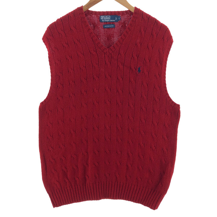Ralph Lauren POLO by Ralph Lauren cable knit V-neck Pima cotton knit vest, men's size L Pima Cotton red type Vintage Second Hand