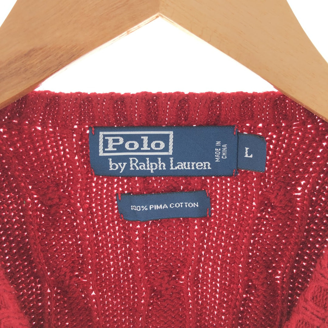 Ralph Lauren POLO by Ralph Lauren cable knit V-neck Pima cotton knit vest, men's size L Pima Cotton red type Vintage Second Hand