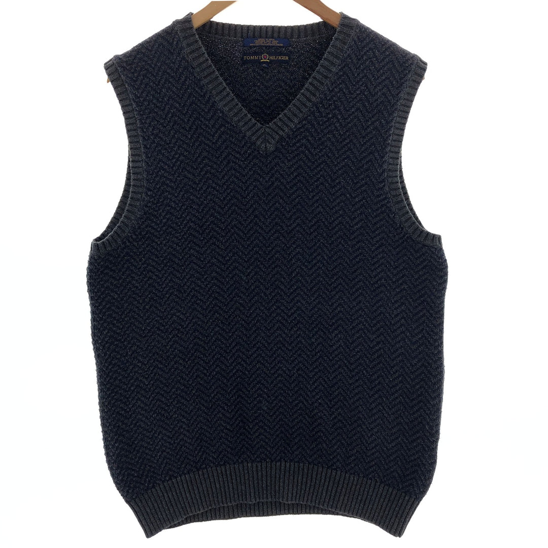 Vintage 90'S Tommy Hilfiger herringbone V-neck cotton knit vest, size M, men's cotton gray type Vintage Second Hand