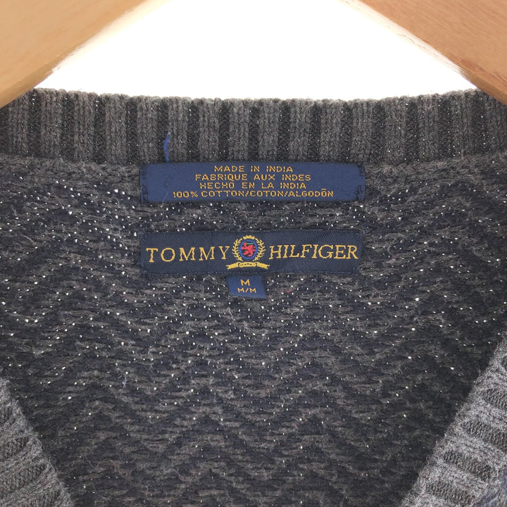 Vintage 90'S Tommy Hilfiger herringbone V-neck cotton knit vest, size M, men's cotton gray type Vintage Second Hand