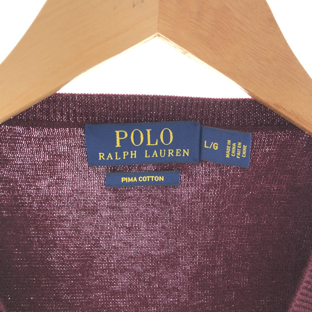 Ralph Lauren POLO RALPH LAUREN V-neck Pima cotton knit vest, men's size L Pima Cotton wine-red Vintage Second Hand