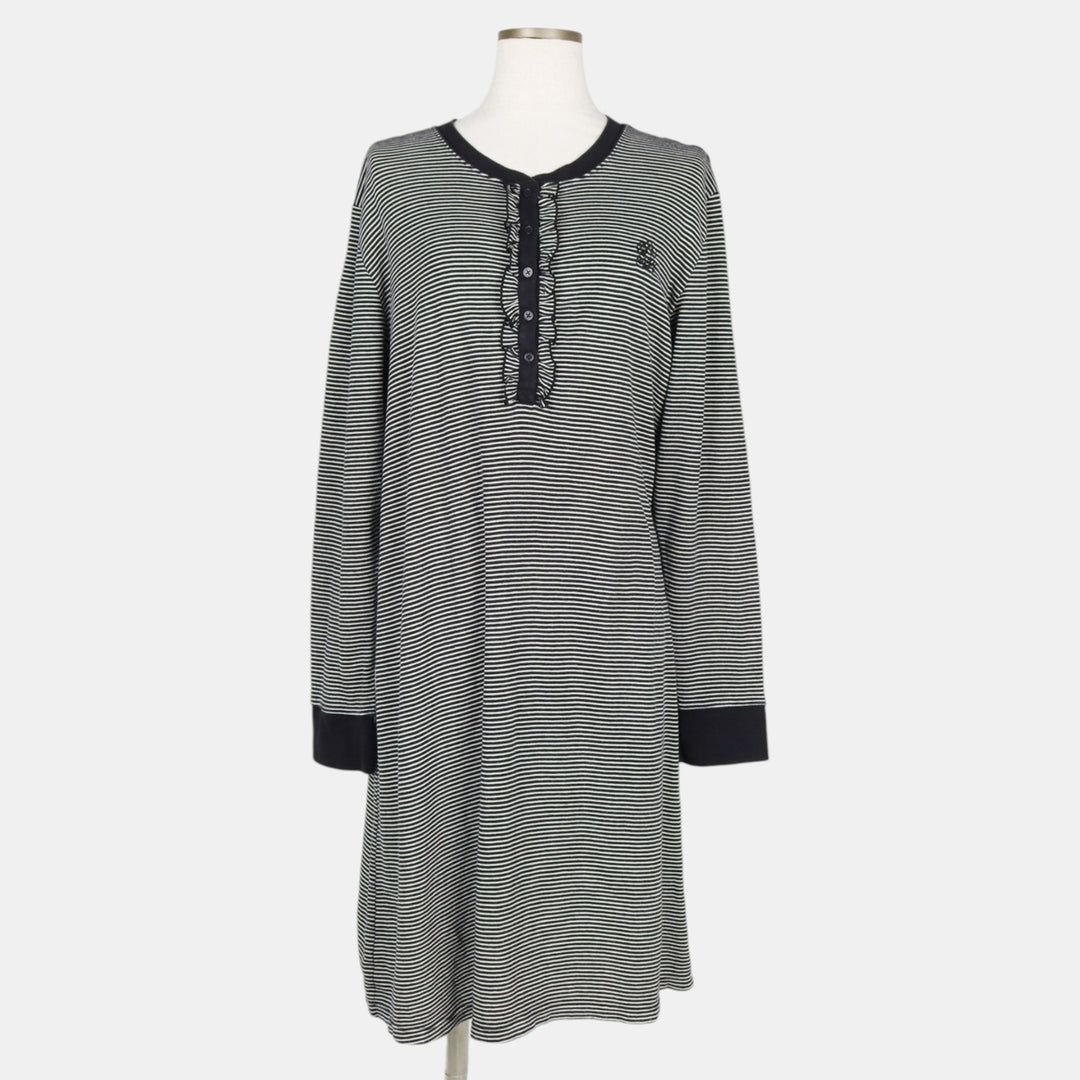 Ralph Lauren LAUREN Striped Pattern Half-Length Ruffled Henley Neck Long-Sleeve Dress (Women's Size XL) cotton black type Vintage Second Hand