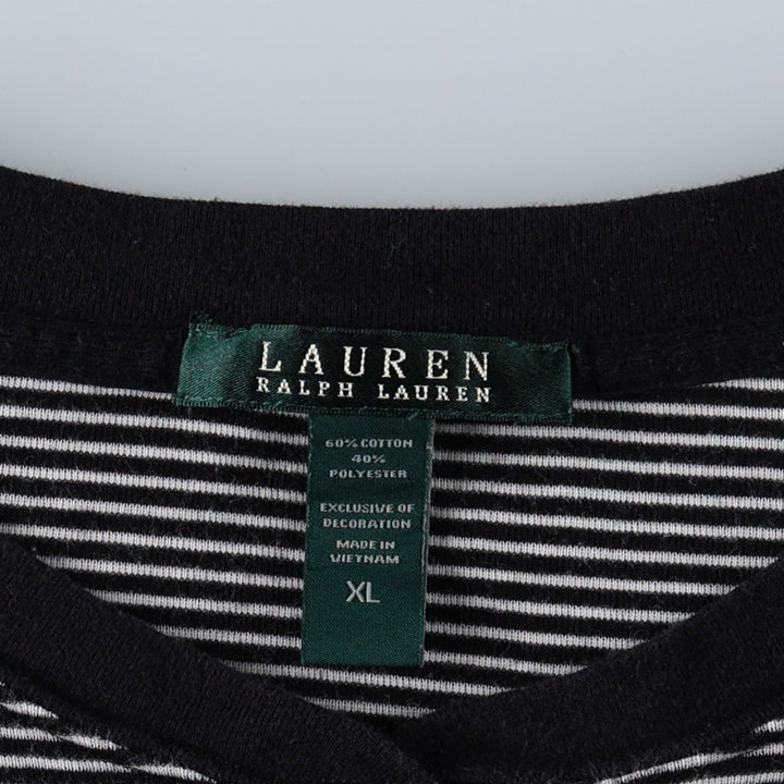 Ralph Lauren LAUREN Striped Pattern Half-Length Ruffled Henley Neck Long-Sleeve Dress (Women's Size XL) cotton black type Vintage Second Hand