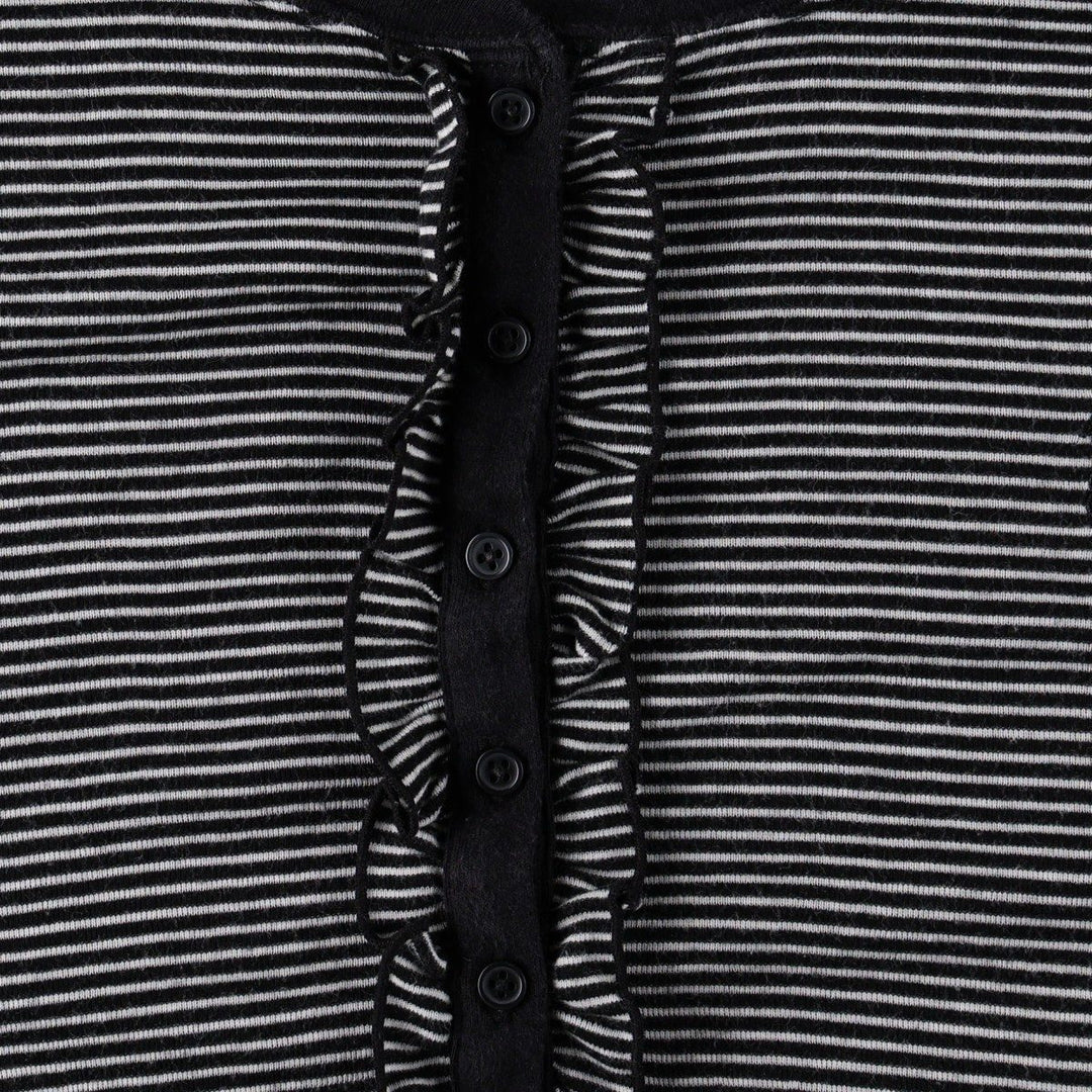 Ralph Lauren LAUREN Striped Pattern Half-Length Ruffled Henley Neck Long-Sleeve Dress (Women's Size XL) cotton black type Vintage Second Hand