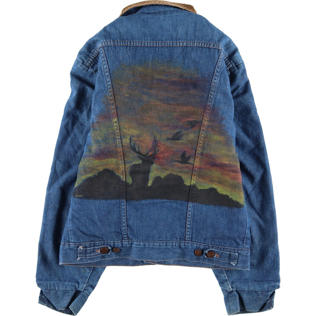 70'S Wrangler Hand Painted Ranch Coat Denim Boa Jacket Made in USA Men's M Vintage /eaa387942