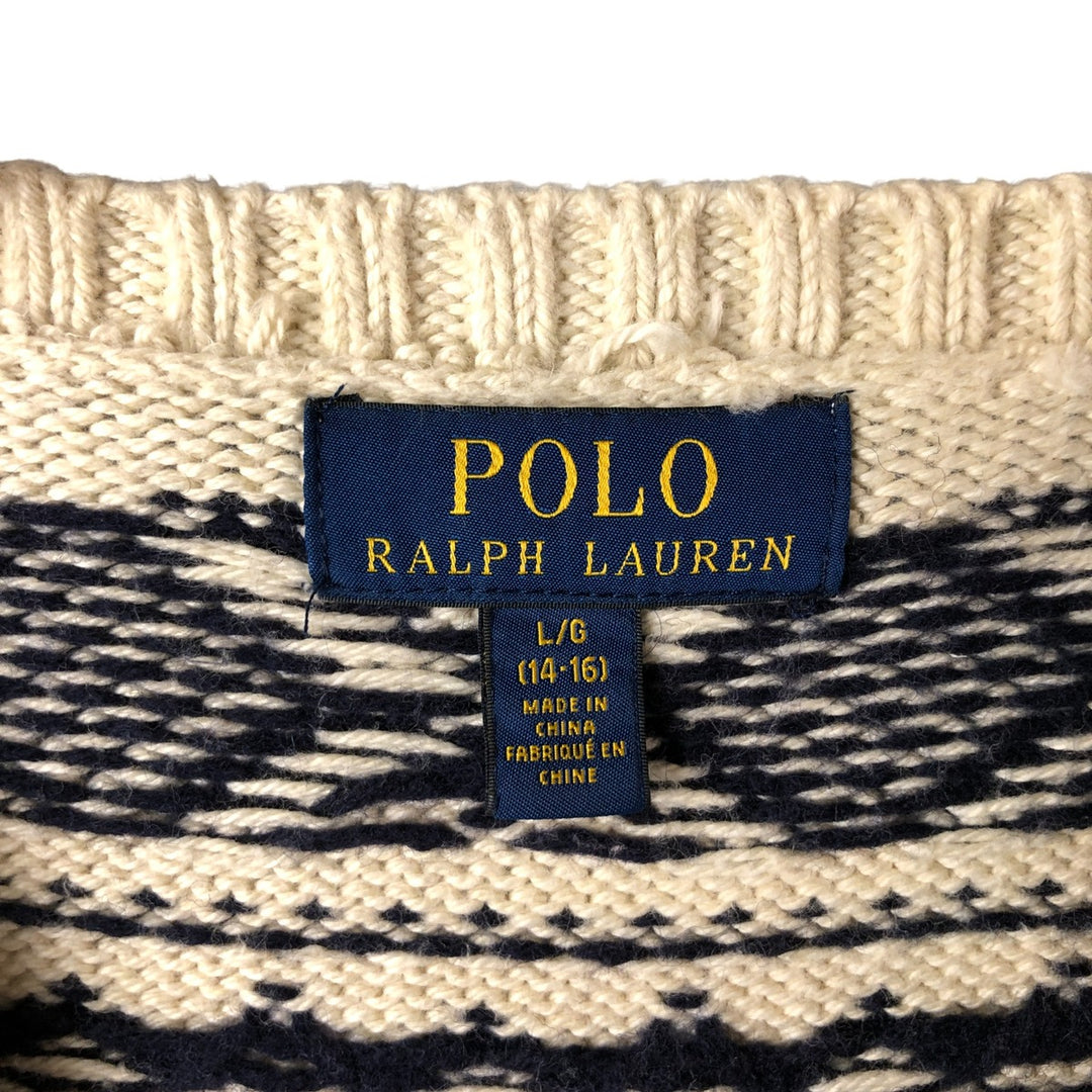 Ralph Lauren POLO RALPH LAUREN Nordic Pattern Cotton Knit Sweater, Women's Size L cotton pale white type Vintage Second Hand