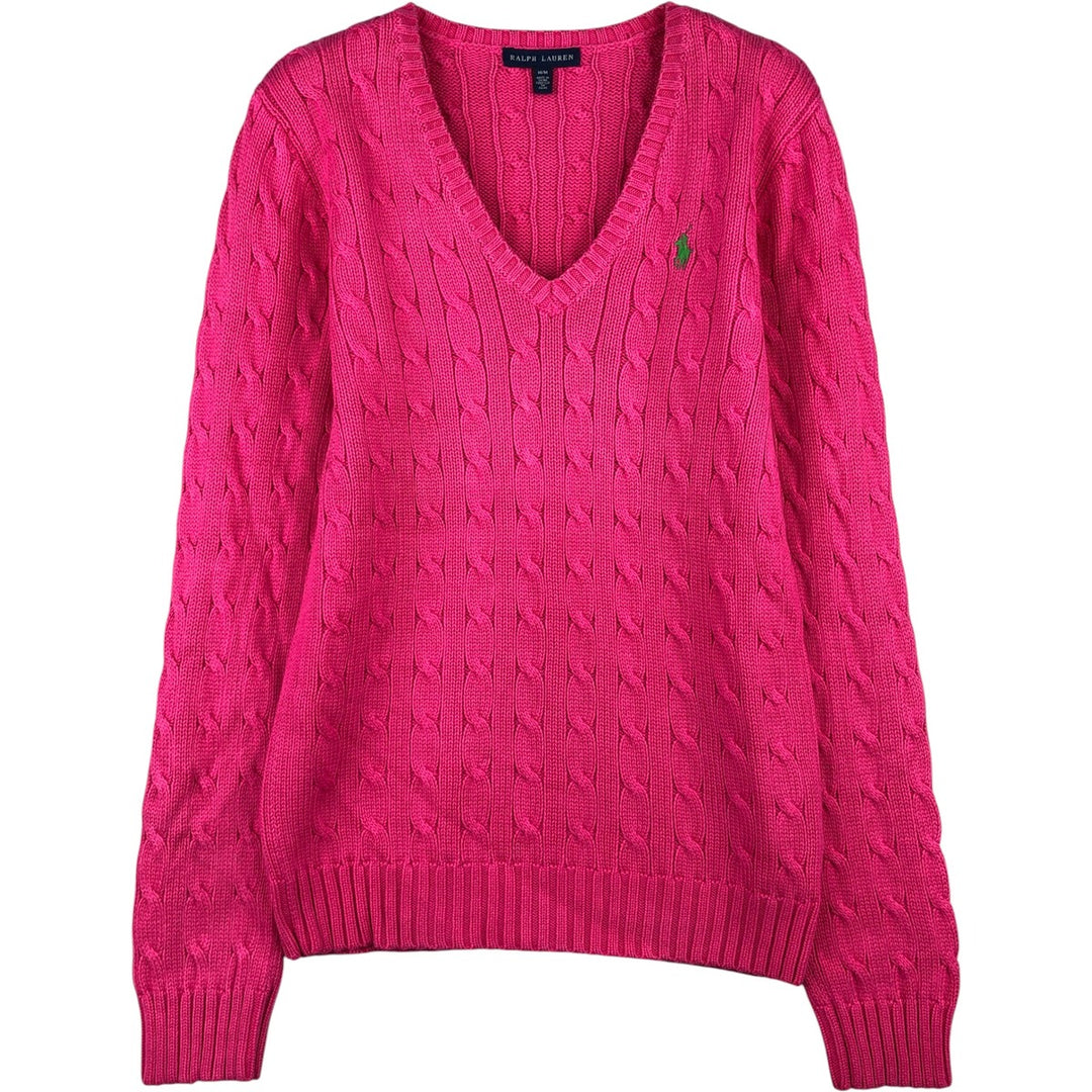 Ralph Lauren cable knit V-neck cotton knit sweater, size M cotton pink type Vintage Second Hand