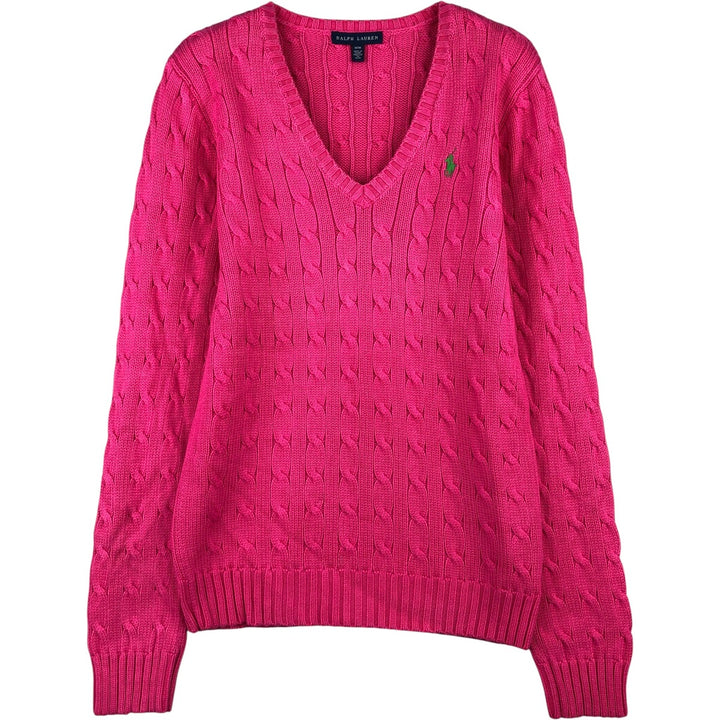 Ralph Lauren cable knit V-neck cotton knit sweater, size M cotton pink type Vintage Second Hand