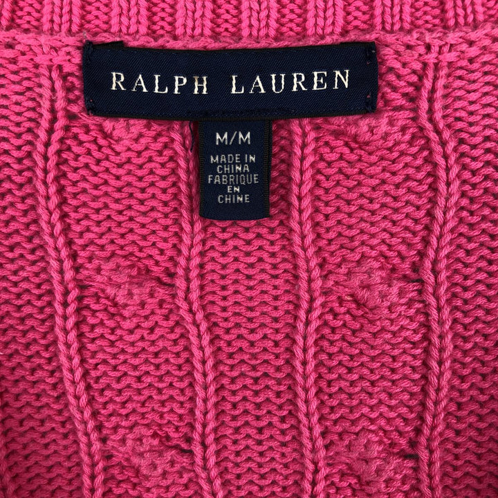 Ralph Lauren cable knit V-neck cotton knit sweater, size M cotton pink type Vintage Second Hand