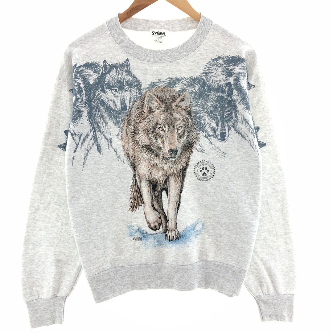 90'S SANSEGAL Wolf Pattern Animal Sweatshirt Trainer Made in USA Men's L Vintage /eaa391350