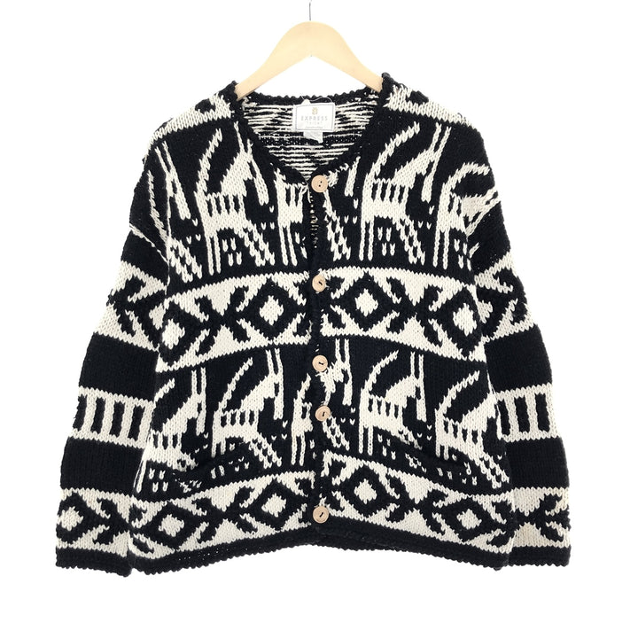 EXPRESS TRICOT All-over Pattern Nordic Wool Knit Cardigan Women's M /eaa395040