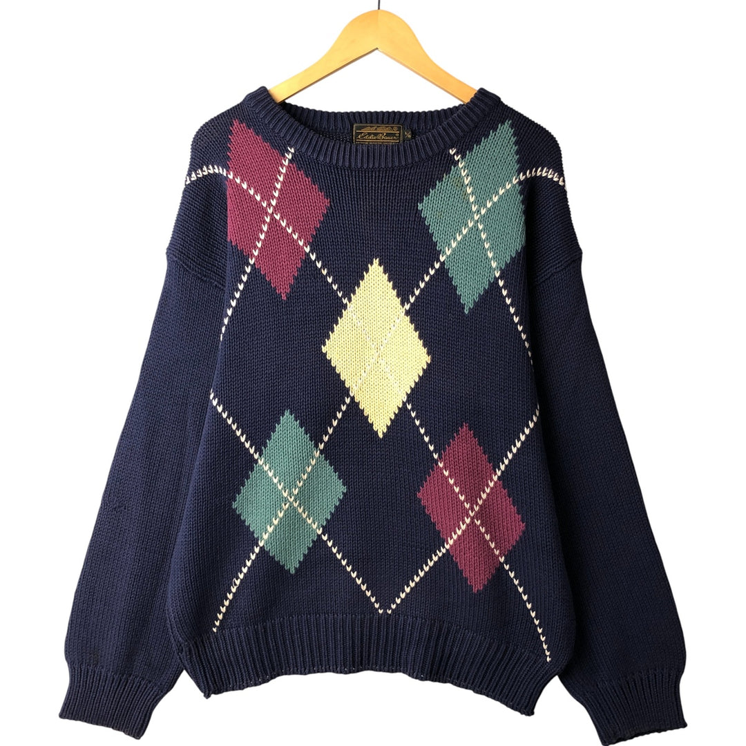 Vintage 80s-90'S Eddie Bauer Argyle Pattern Cotton Knit Sweater with Black Tag, Men's Size L cotton navy blue type Vintage Second Hand