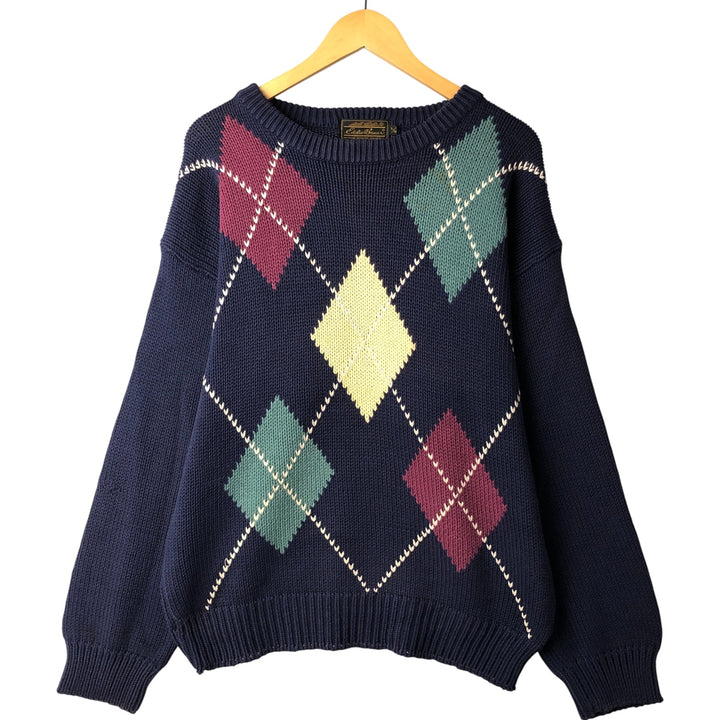 Vintage 80s-90'S Eddie Bauer Argyle Pattern Cotton Knit Sweater with Black Tag, Men's Size L cotton navy blue type Vintage Second Hand