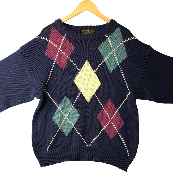 Vintage 80s-90'S Eddie Bauer Argyle Pattern Cotton Knit Sweater with Black Tag, Men's Size L cotton navy blue type Vintage Second Hand