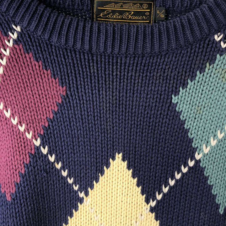 Vintage 80s-90'S Eddie Bauer Argyle Pattern Cotton Knit Sweater with Black Tag, Men's Size L cotton navy blue type Vintage Second Hand