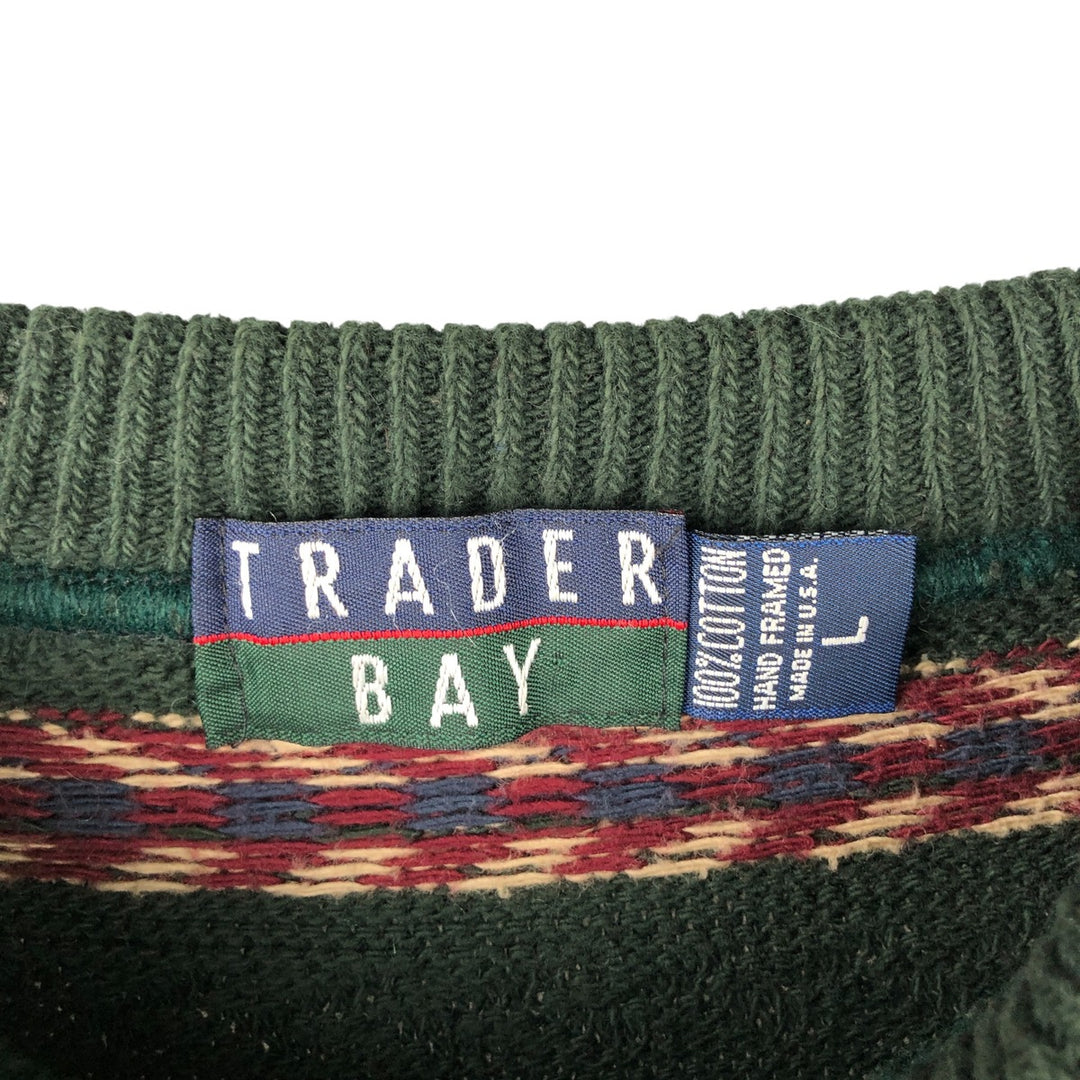 Vintage 90'S Trader Bay all-over print cotton knit sweater, made in the USA, size L, men's cotton Green type dark green Vintage Second Hand