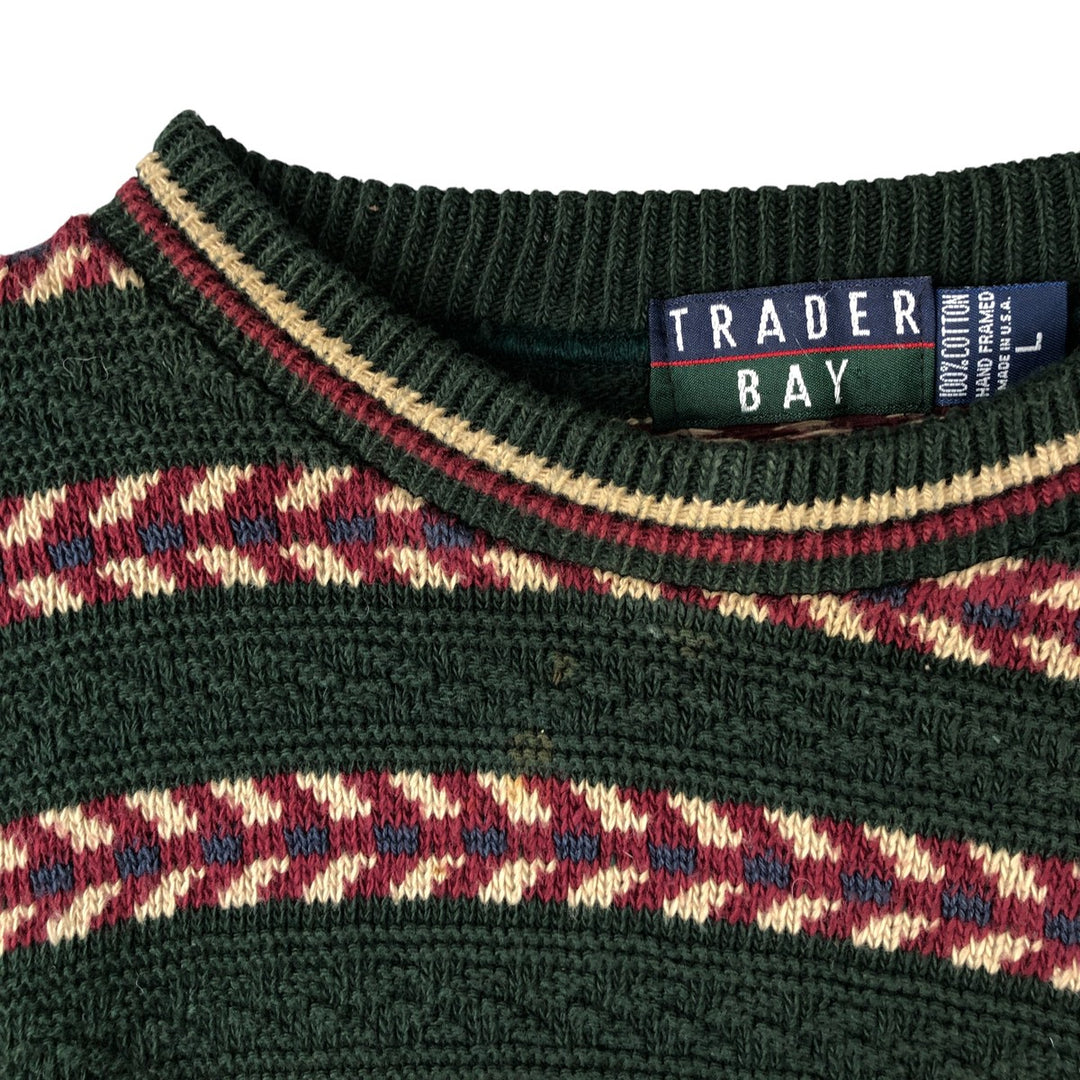 Vintage 90'S Trader Bay all-over print cotton knit sweater, made in the USA, size L, men's cotton Green type dark green Vintage Second Hand