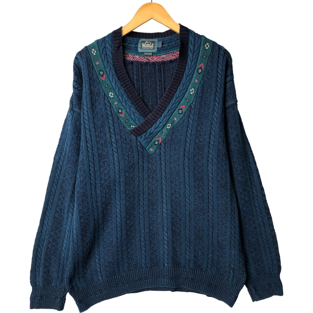 Vintage 1980'S WOOLRICH all-over cable knit cotton sweater, made in the USA, size L, men's cotton turquoise blue Vintage Second Hand