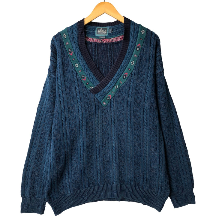 Vintage 1980'S WOOLRICH all-over cable knit cotton sweater, made in the USA, size L, men's cotton turquoise blue Vintage Second Hand