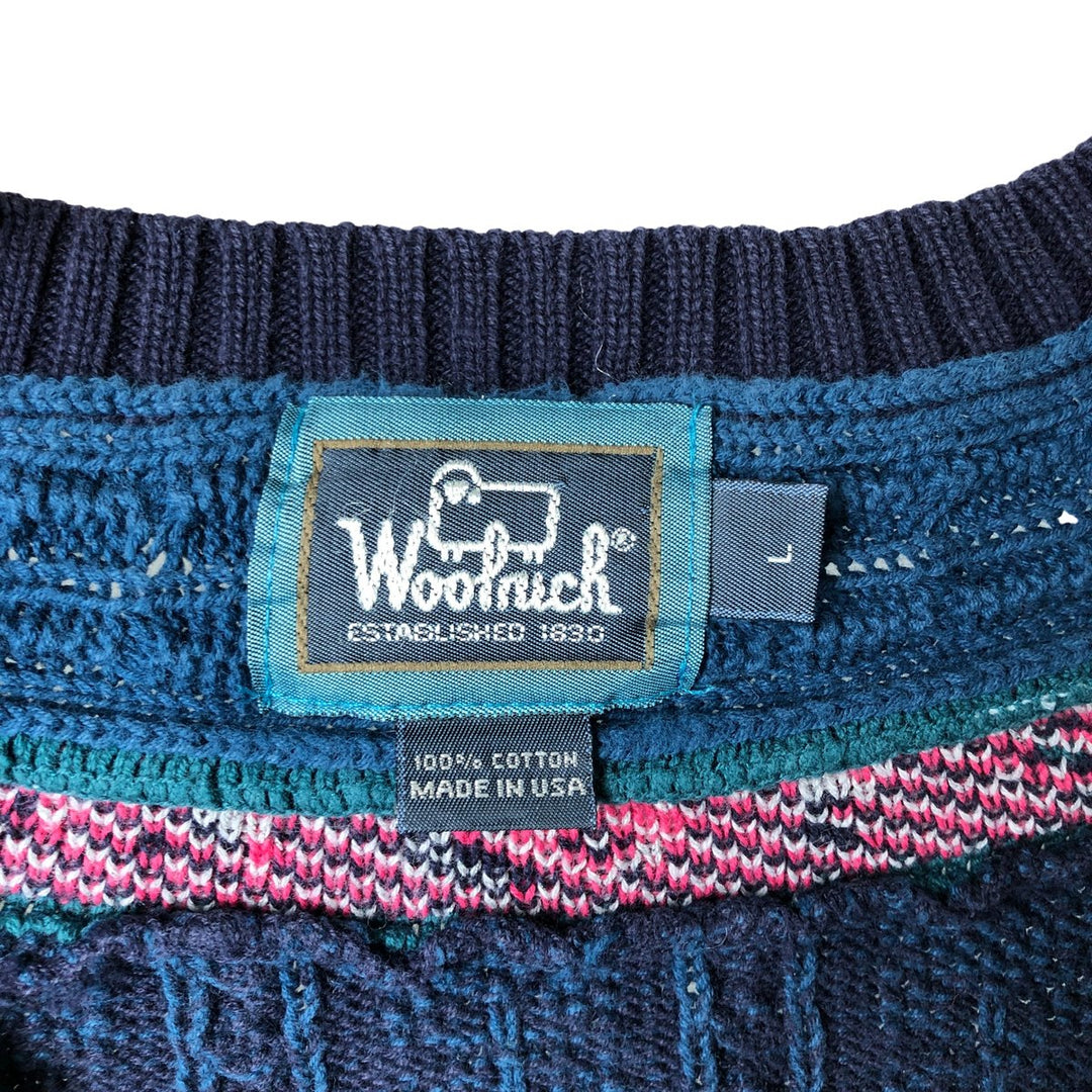Vintage 1980'S WOOLRICH all-over cable knit cotton sweater, made in the USA, size L, men's cotton turquoise blue Vintage Second Hand