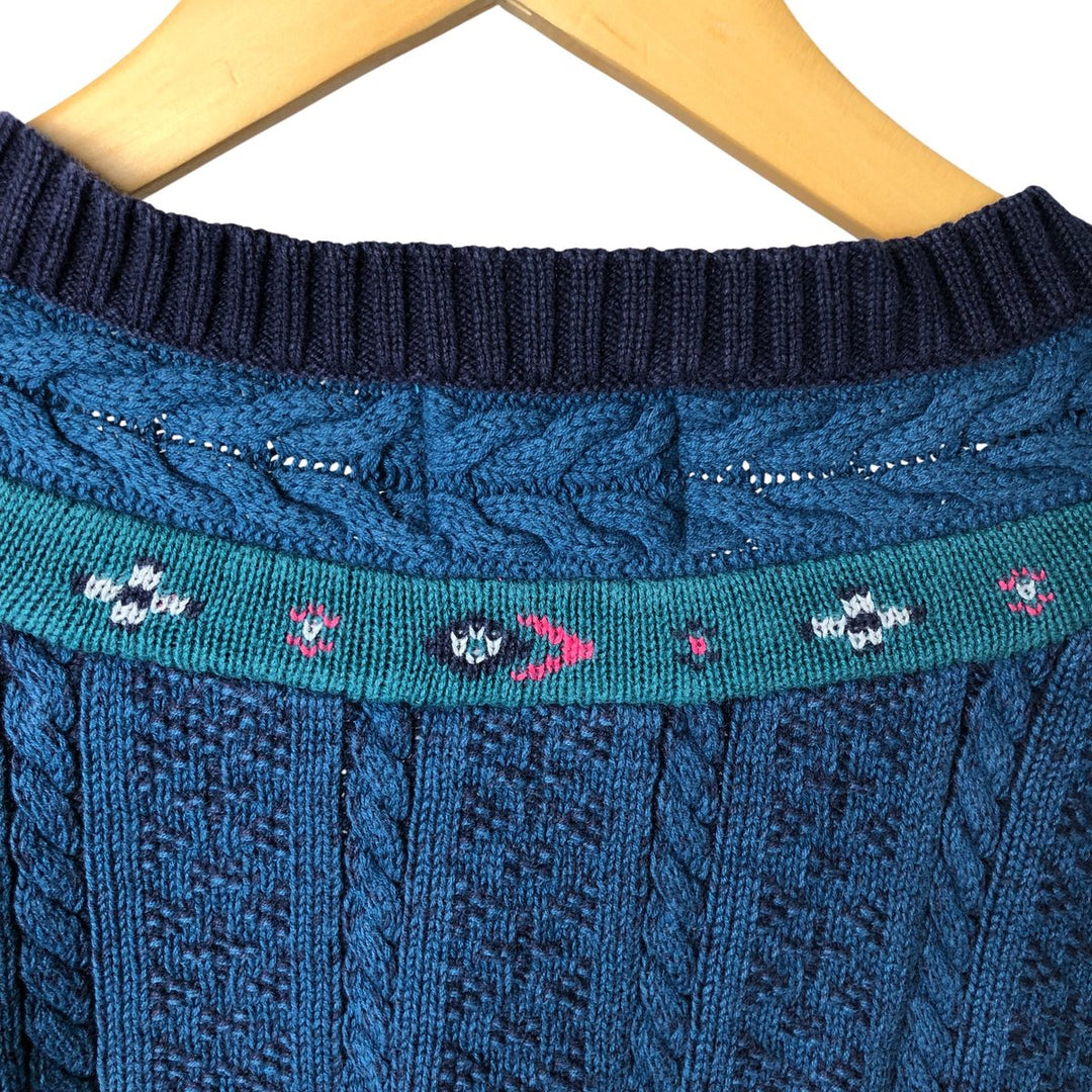 Vintage 1980'S WOOLRICH all-over cable knit cotton sweater, made in the USA, size L, men's cotton turquoise blue Vintage Second Hand