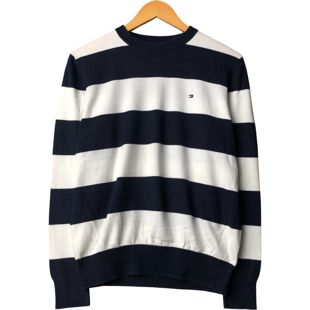Tommy Hilfiger Border Pattern Cotton Knit Sweater Men's M Size cotton navy blue type Vintage Second Hand