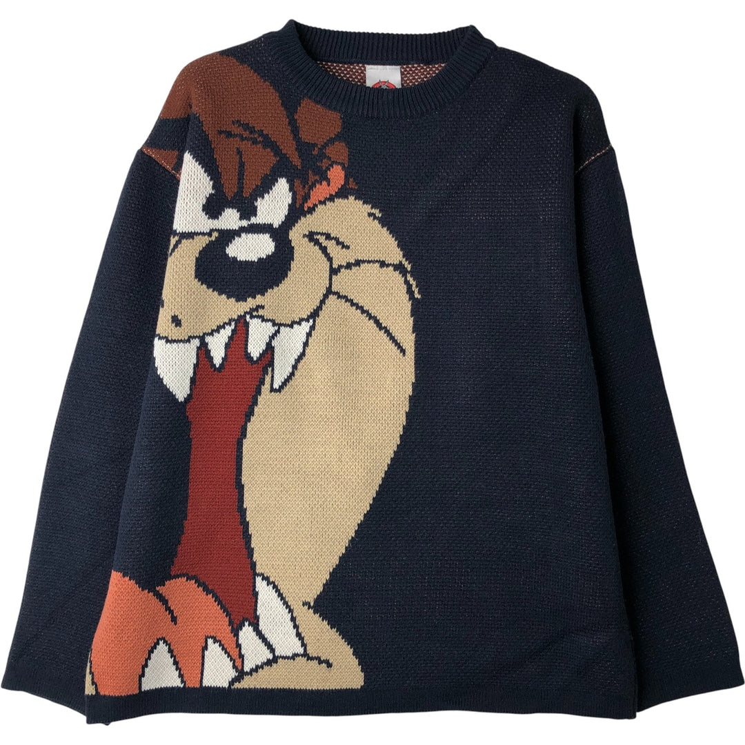 LOONEY TUNES Tasmanian Devil All-Over Print Acrylic Knit Sweater, Men's Size Medium acrylic navy blue type Vintage Second Hand