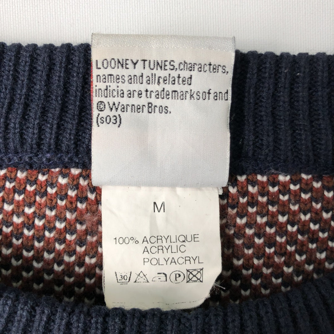 LOONEY TUNES Tasmanian Devil All-Over Print Acrylic Knit Sweater, Men's Size Medium acrylic navy blue type Vintage Second Hand