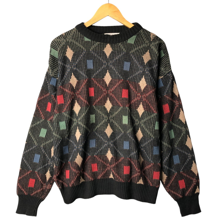 SANSABELT SPORT Diamond Pattern Cotton Knit Sweater, Made in USA, Men's Size L cotton Charcoal Vintage Second Hand