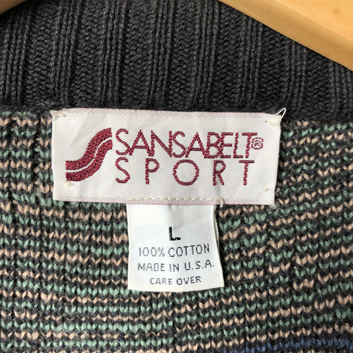 SANSABELT SPORT Diamond Pattern Cotton Knit Sweater, Made in USA, Men's Size L cotton Charcoal Vintage Second Hand