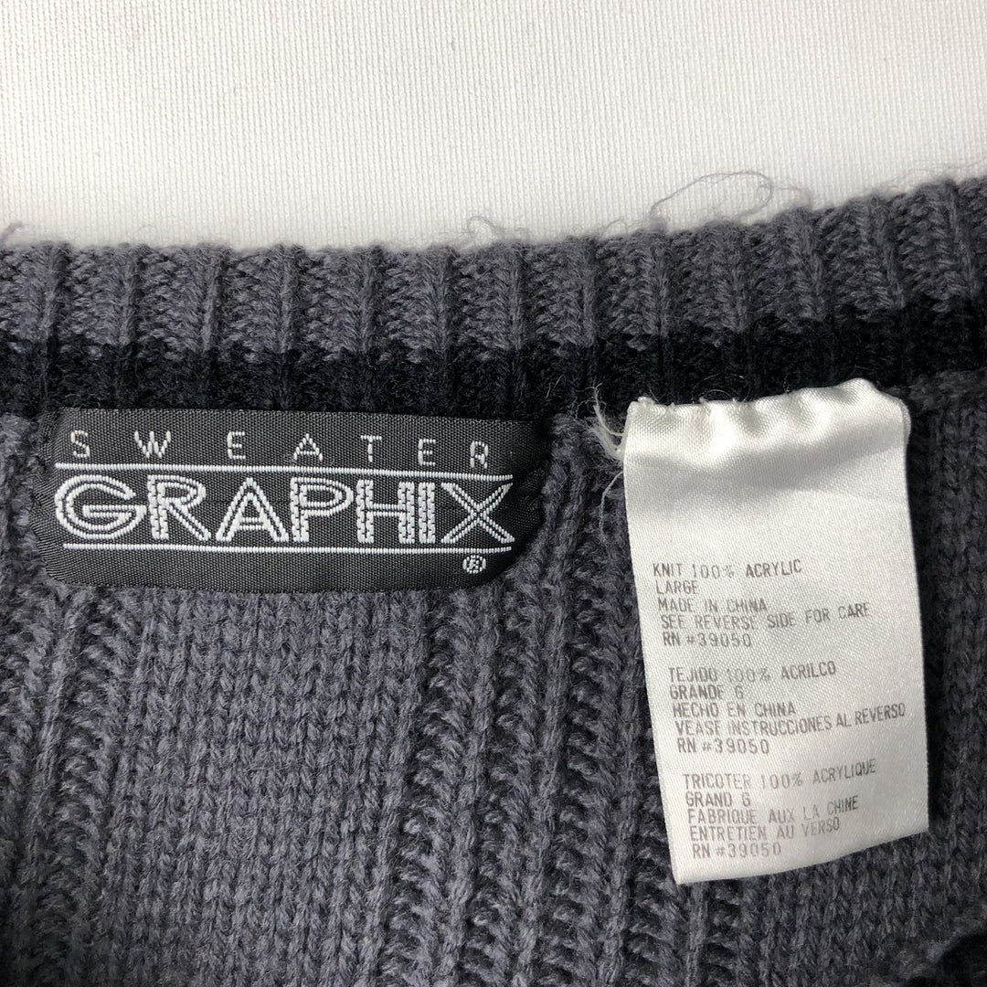 GRAPHIX Border Pattern Ribbed Acrylic Knit Sweater, Men's Size L acrylic Charcoal Vintage Second Hand